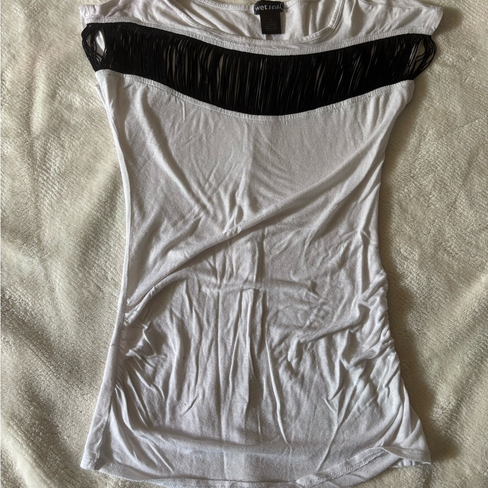 Wet Seal White Top with Black Fringe Detail